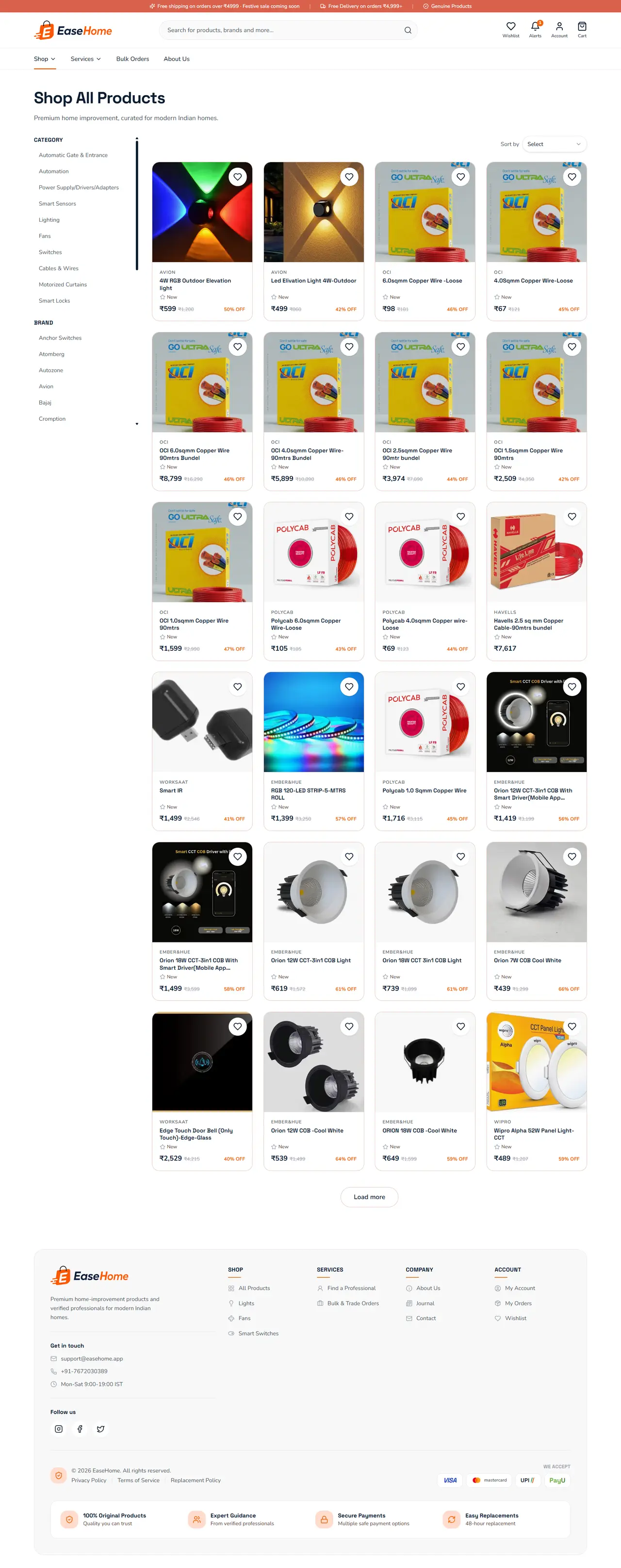 Shop All Products — category and brand filters over the full EaseHome catalogue