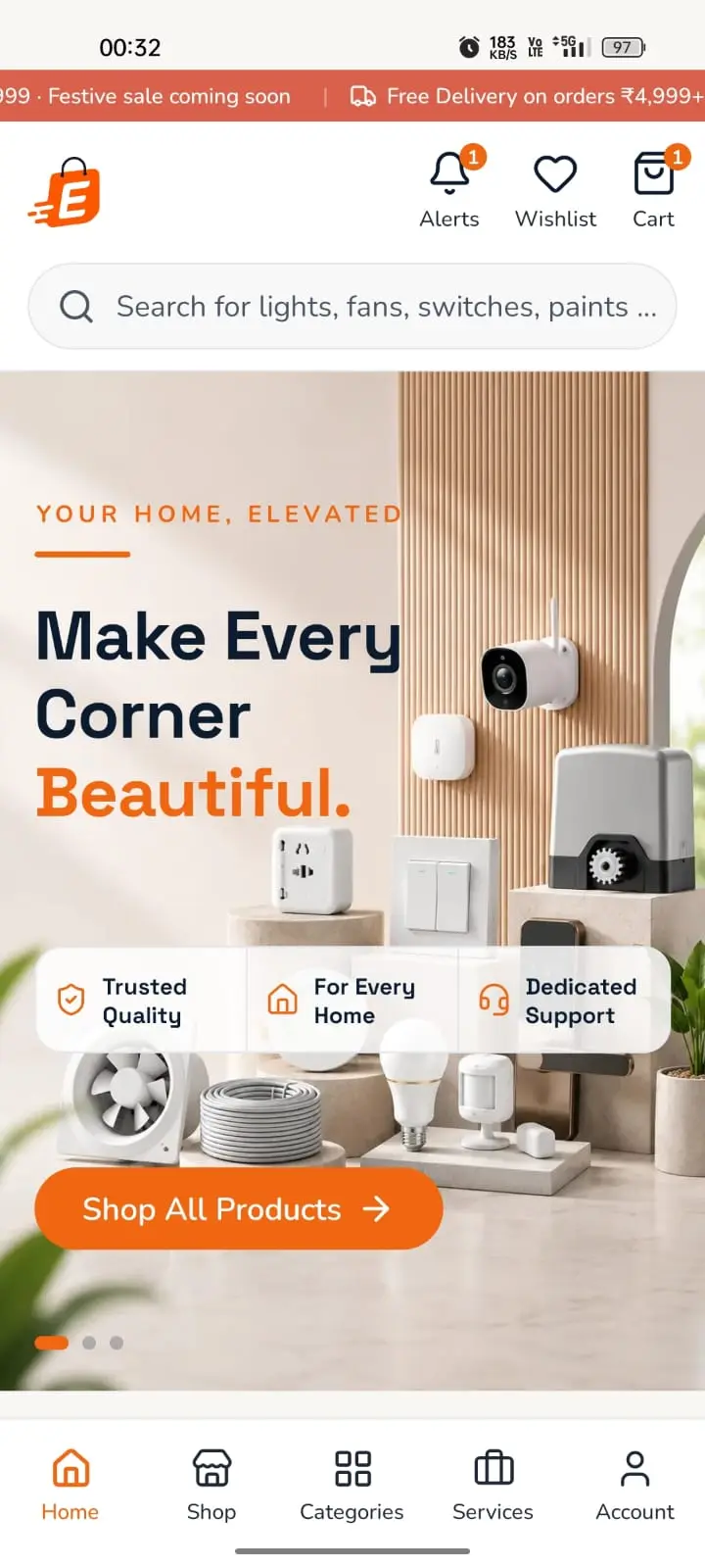 EaseHome Android app home screen — hero banner, search and bottom navigation