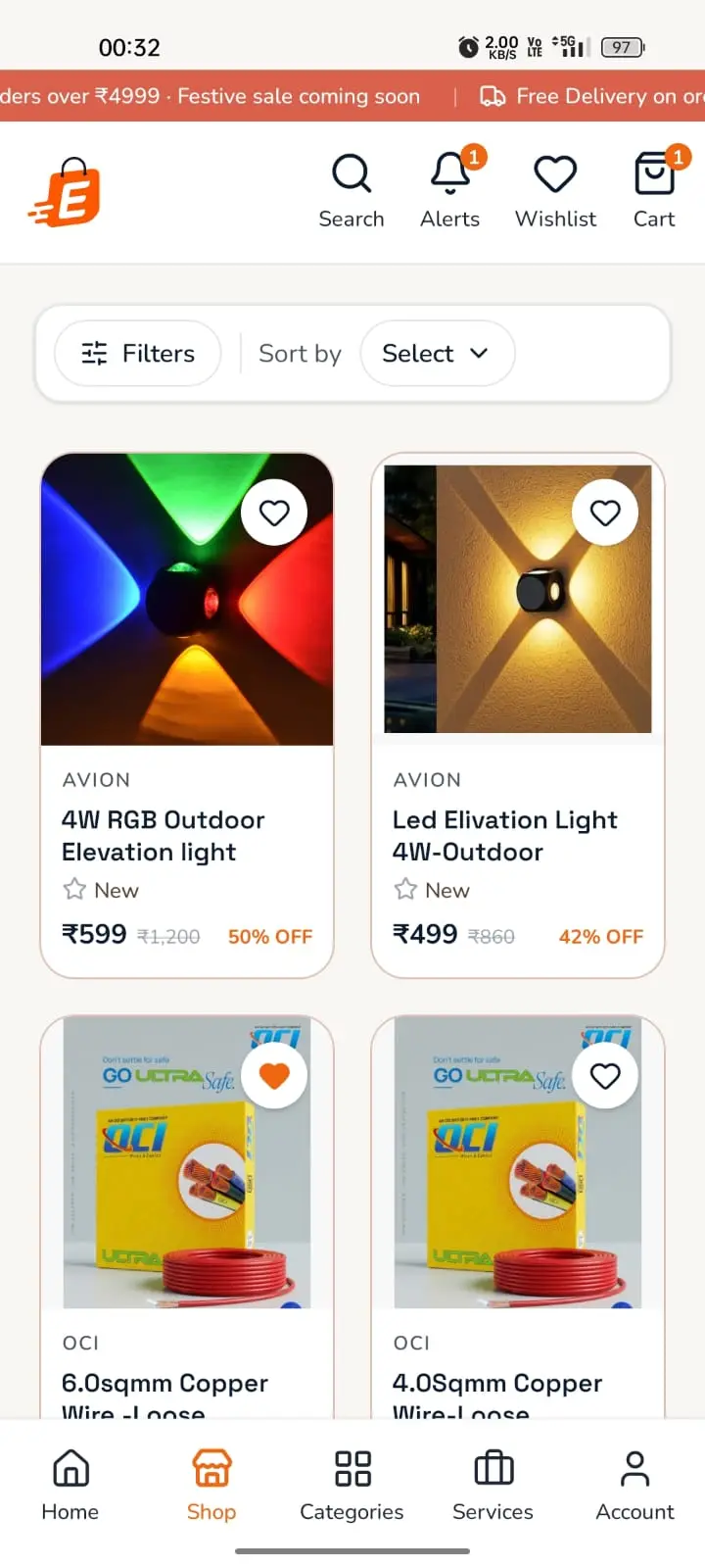 EaseHome Android app shop screen — filterable product grid with offers