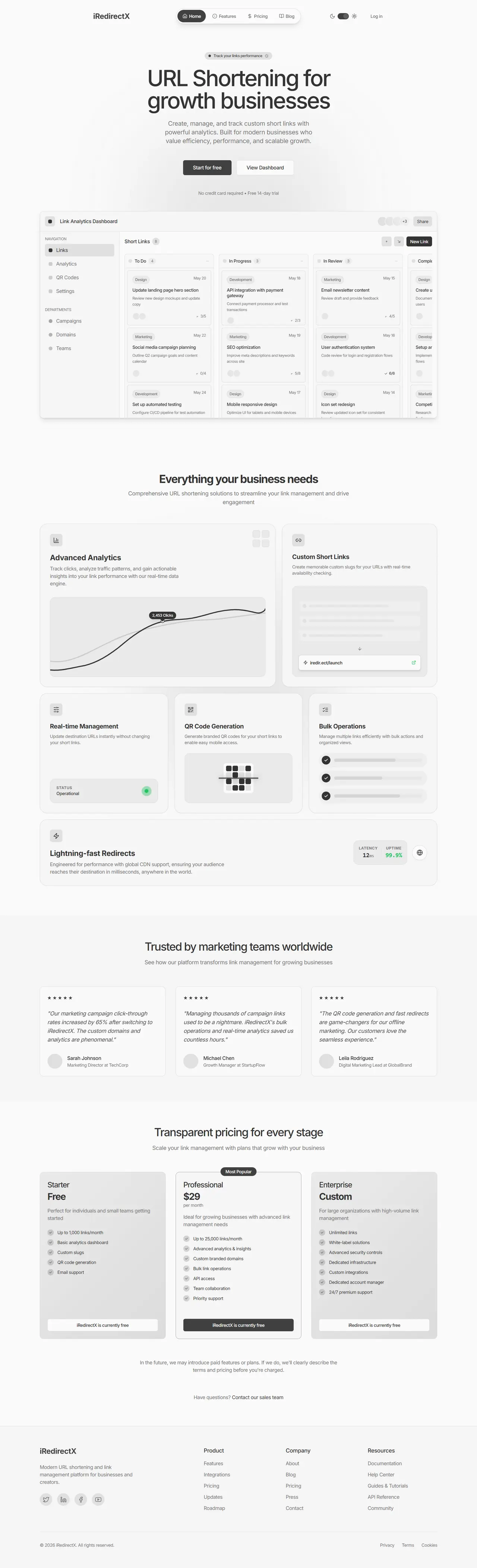 iRedirectX landing page — hero with product mock, feature grid and pricing