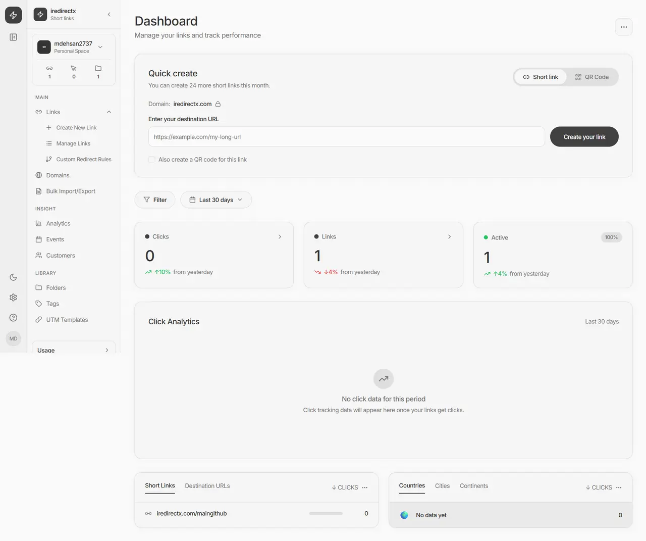 iRedirectX dashboard — quick create, click analytics and link metrics