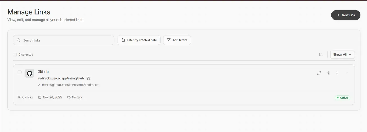 Manage Links — search, filters and per-link stats for every short link