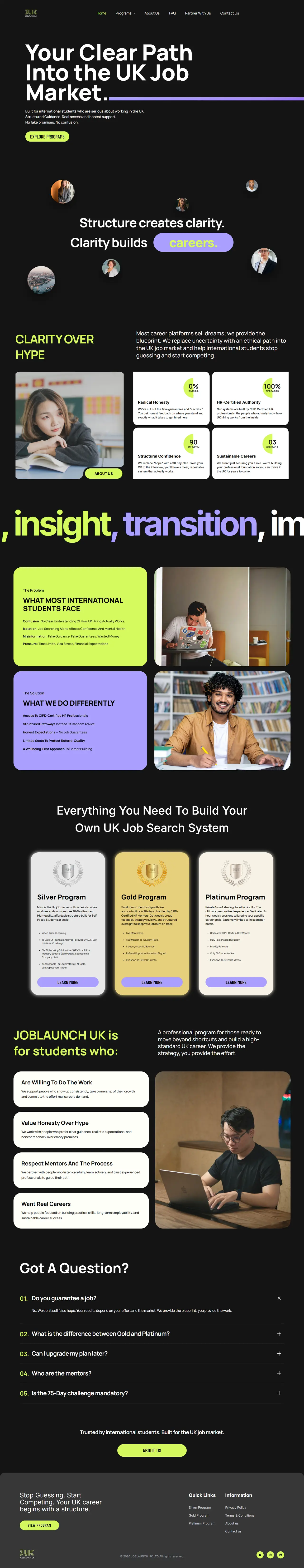 JobLaunch UK homepage — clear path hero, clarity-over-hype stats and program tiers