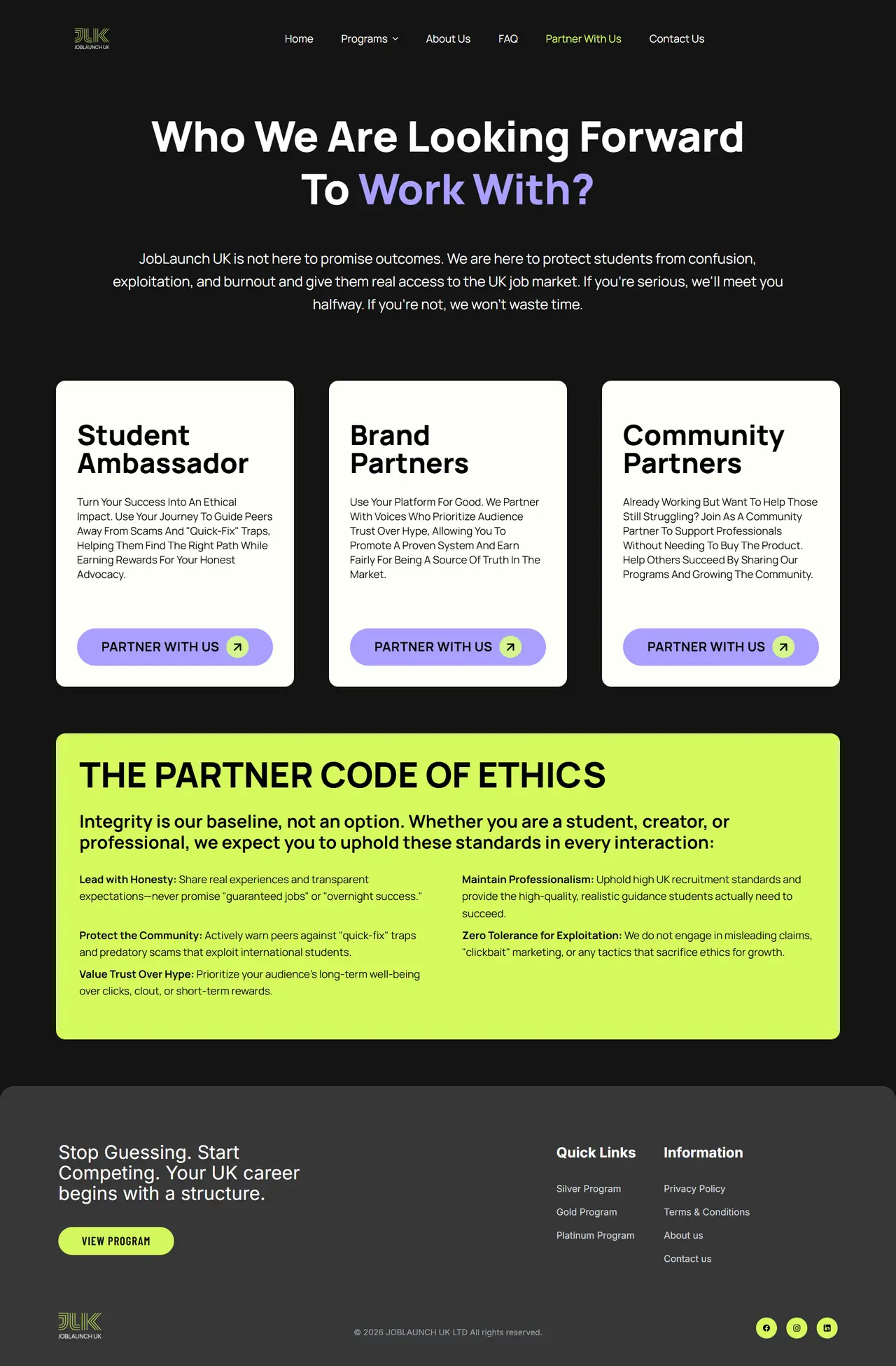 Partner page — ambassador, brand and community tracks with the code of ethics