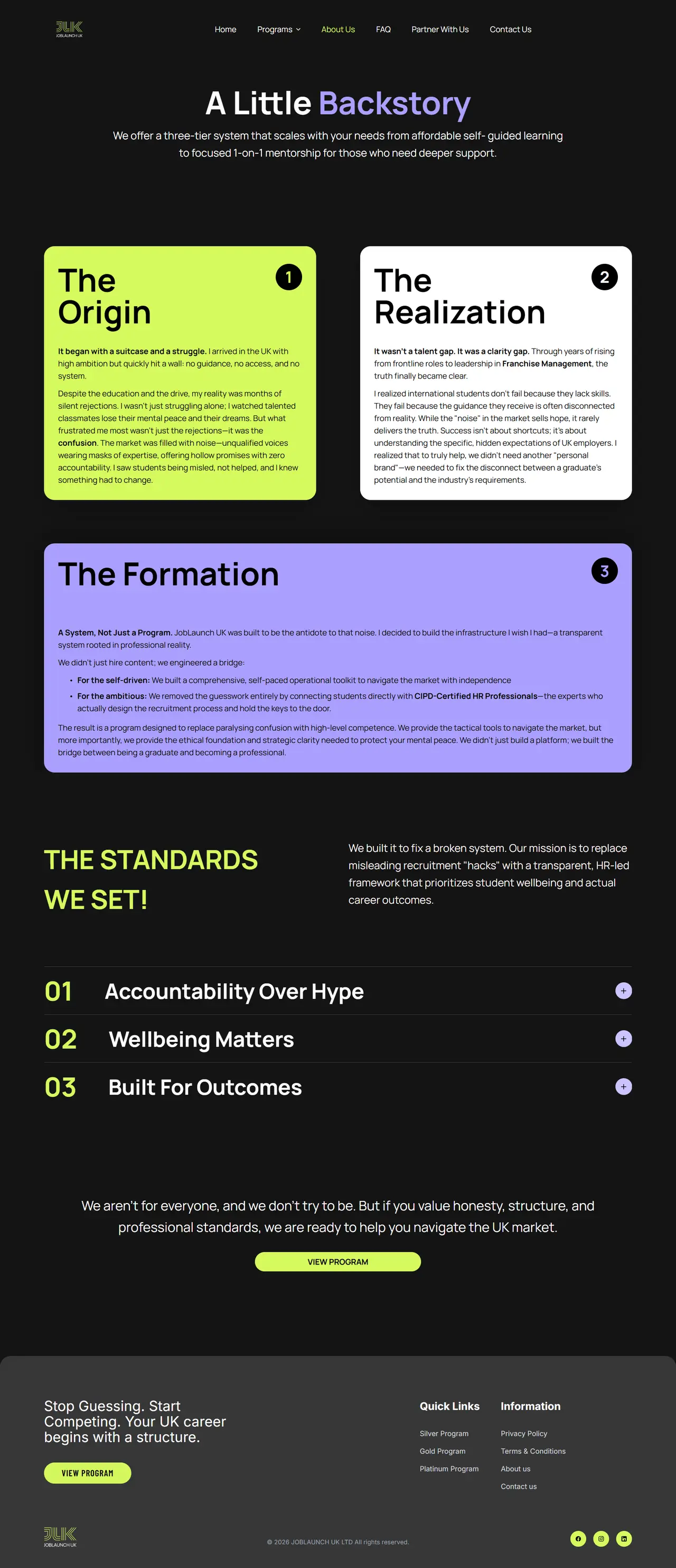 About page — the origin, the realization and the formation story cards