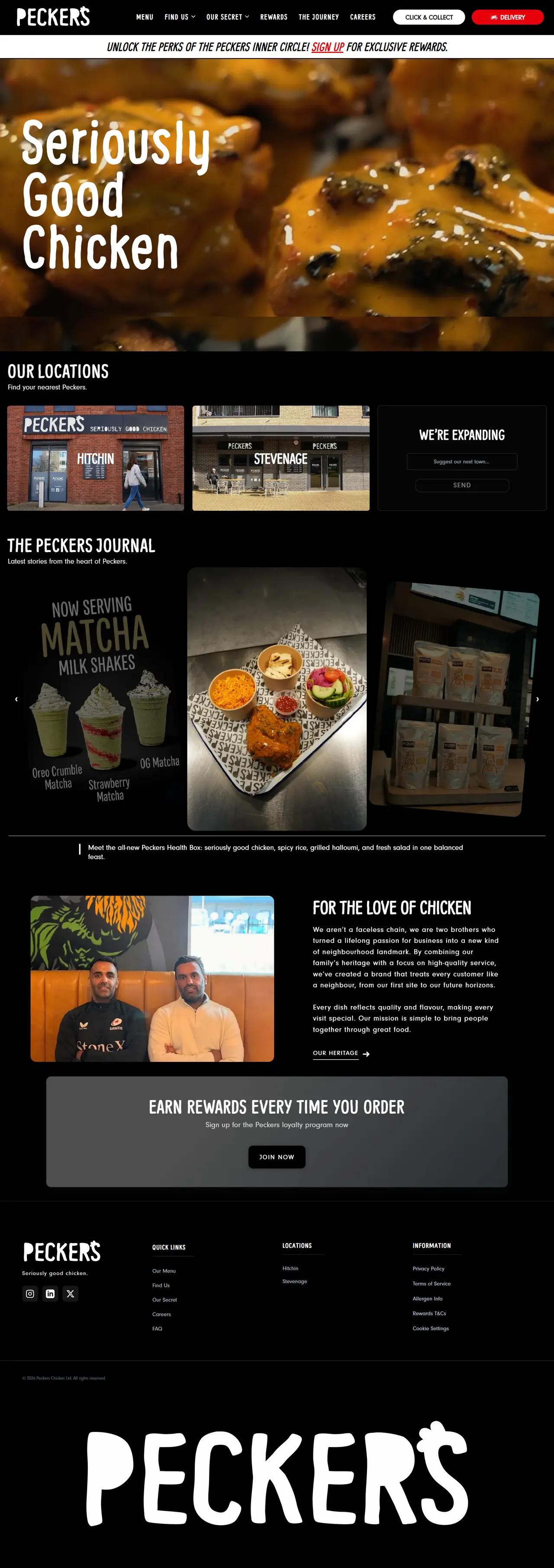 Peckers Chicken homepage — hero, locations, journal, and the family story