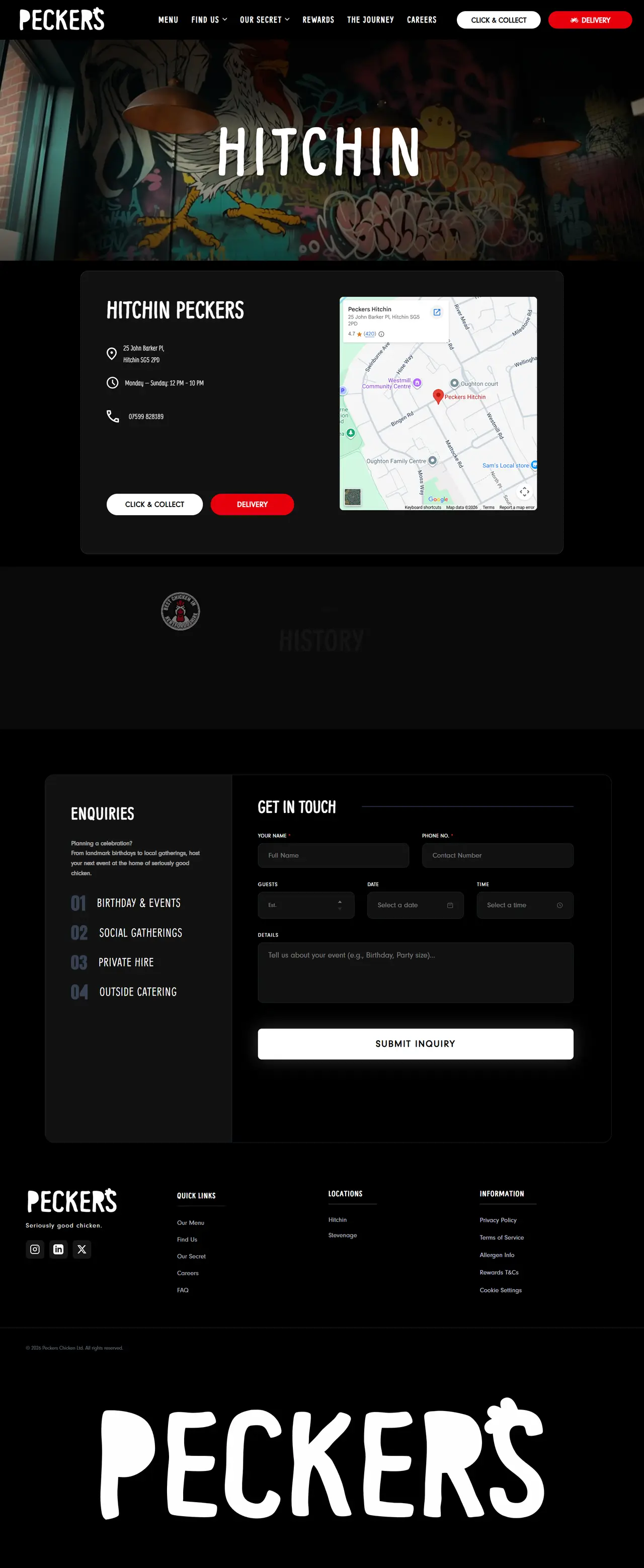 Peckers Hitchin location page — address, hours, map, and events enquiry form