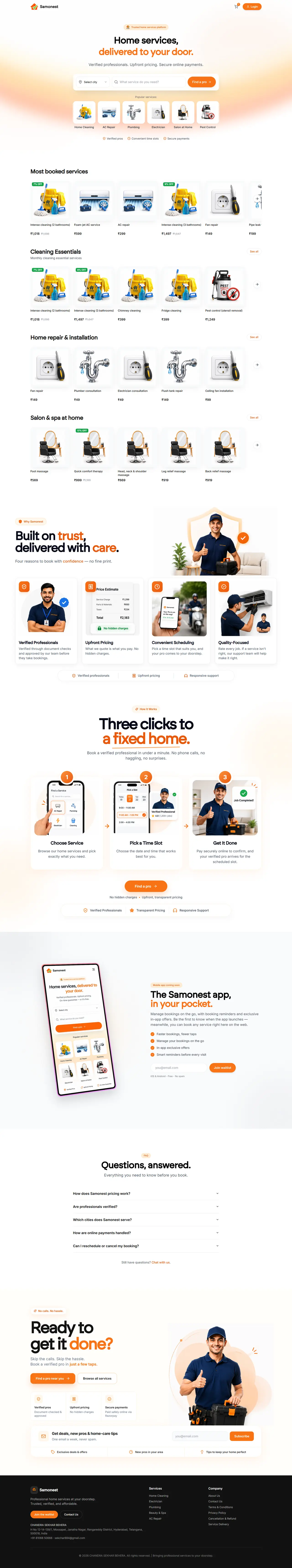 Samonest homepage — service search, most-booked rails, how it works and app waitlist