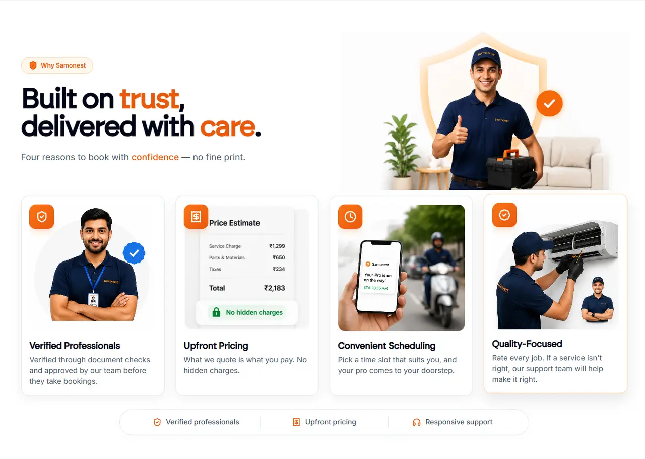 Why Samonest — verified professionals, upfront pricing, scheduling and quality cards